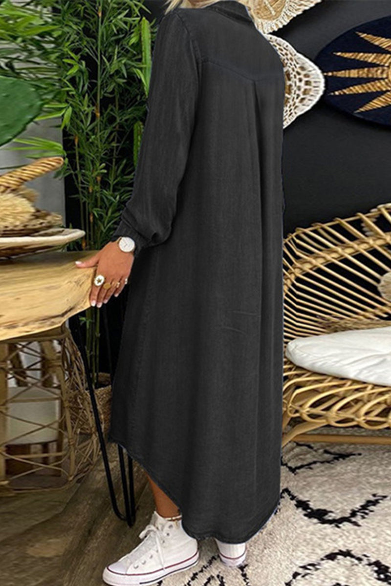 Kaynafashions - Casual Street Solid Patchwork Shirt Collar Long Sleeve Loose Denim Dresses(3 Colors)