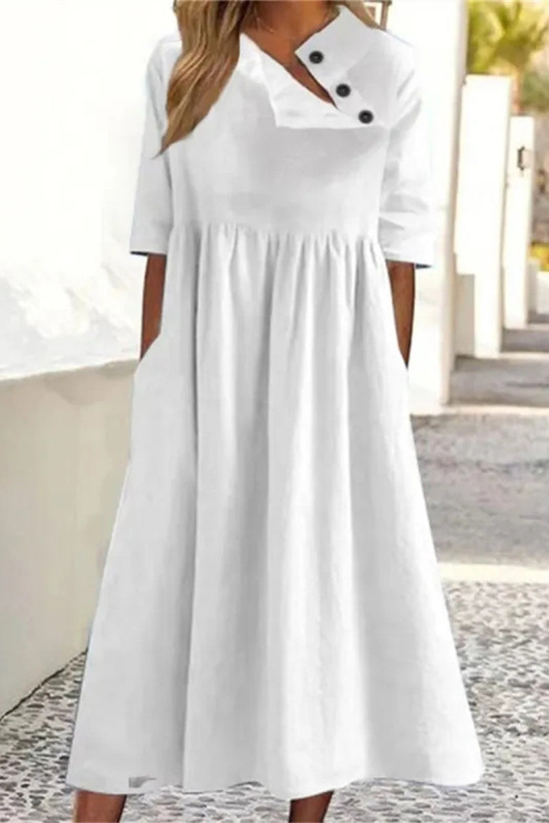 Kaynafashions - Casual Solid Pocket Buckle Oblique Collar A Line Dresses