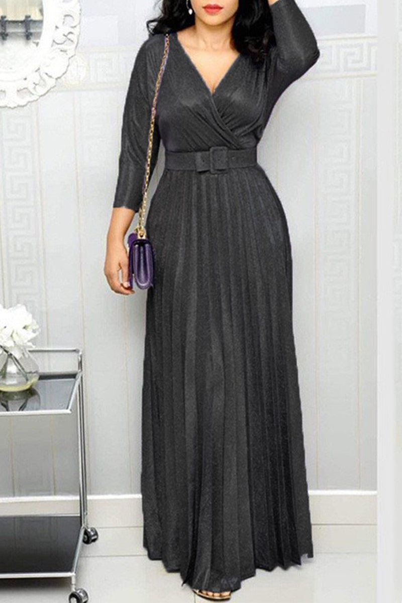 Kaynafashions - Elegant Bronzing Sequined With Belt V Neck A Line Dresses