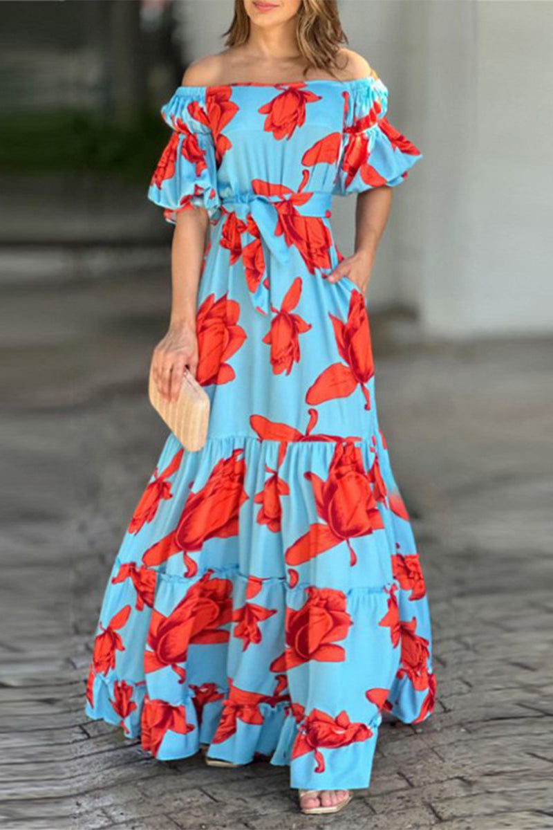 Kaynafashions - Elegant Print Flounce Fold Off the Shoulder Printed Dress Dresses
