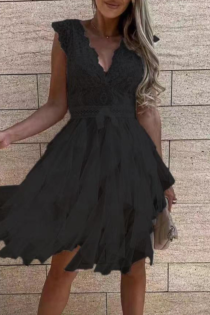Kaynafashions - Sweet Elegant Solid Mesh V Neck Irregular Dress Dresses(3 Colors)