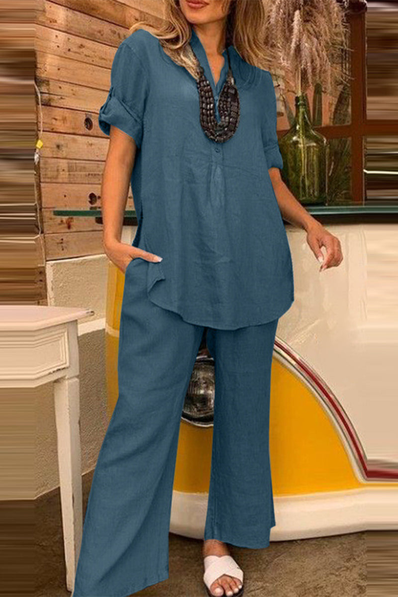 Kaynafashions - Work Simplicity Solid Buttons V Neck Short Sleeve Two Pieces