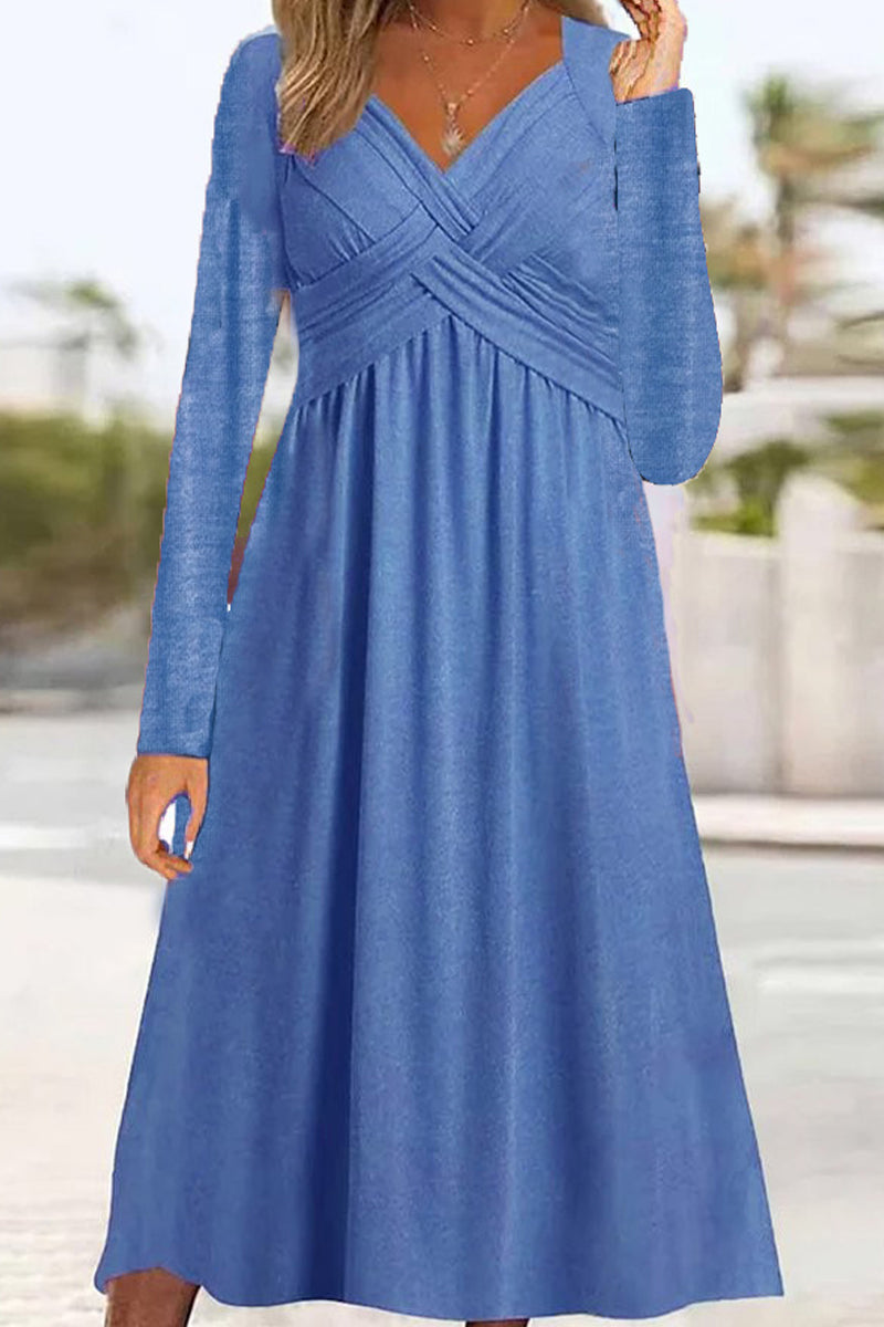 Kaynafashions - Casual Solid Patchwork V Neck Long Sleeve Dresses