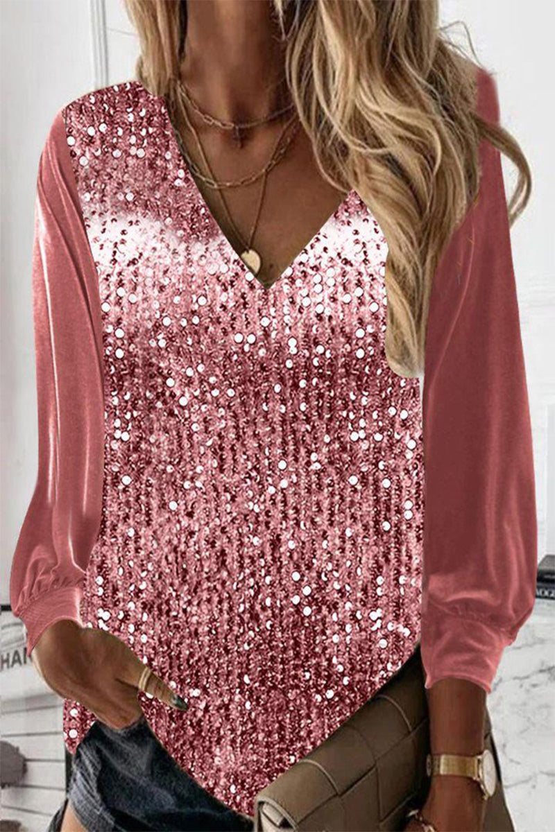 Kaynafashions - Casual Solid Sequins V Neck Tops