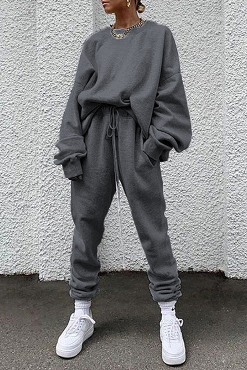 Kaynafashions - Casual Solid Pocket O Neck Long Sleeve Two Pieces