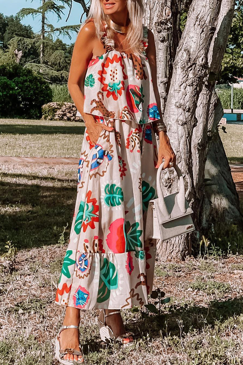 Kaynafashions - Bohemian Elegant Print Patchwork Square Collar Printed Dress Dresses