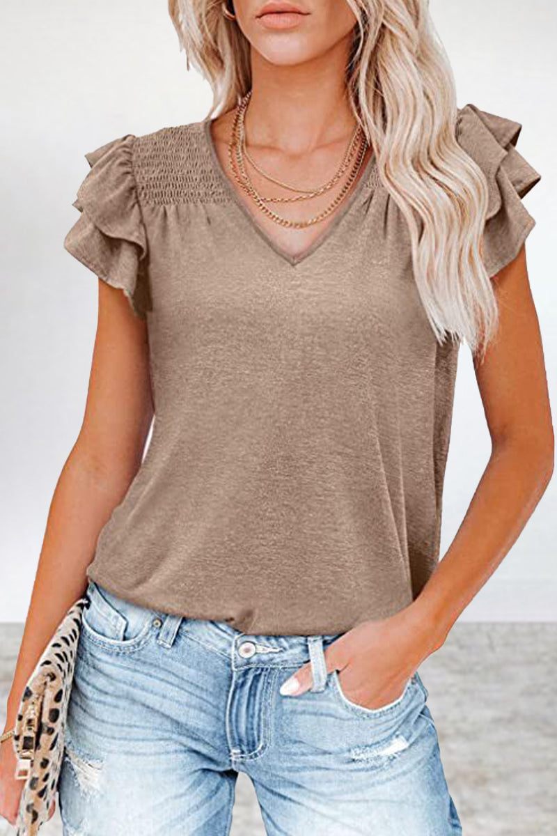 Kaynafashions - Casual Simplicity Solid Flounce V Neck T-Shirts(5 Colors)