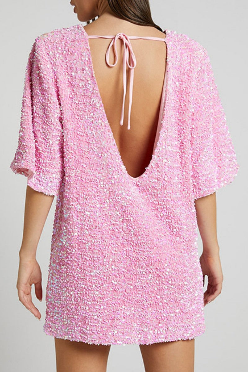 Kaynafashions - Casual Patchwork Sequins Frenulum Backless O Neck Dresses