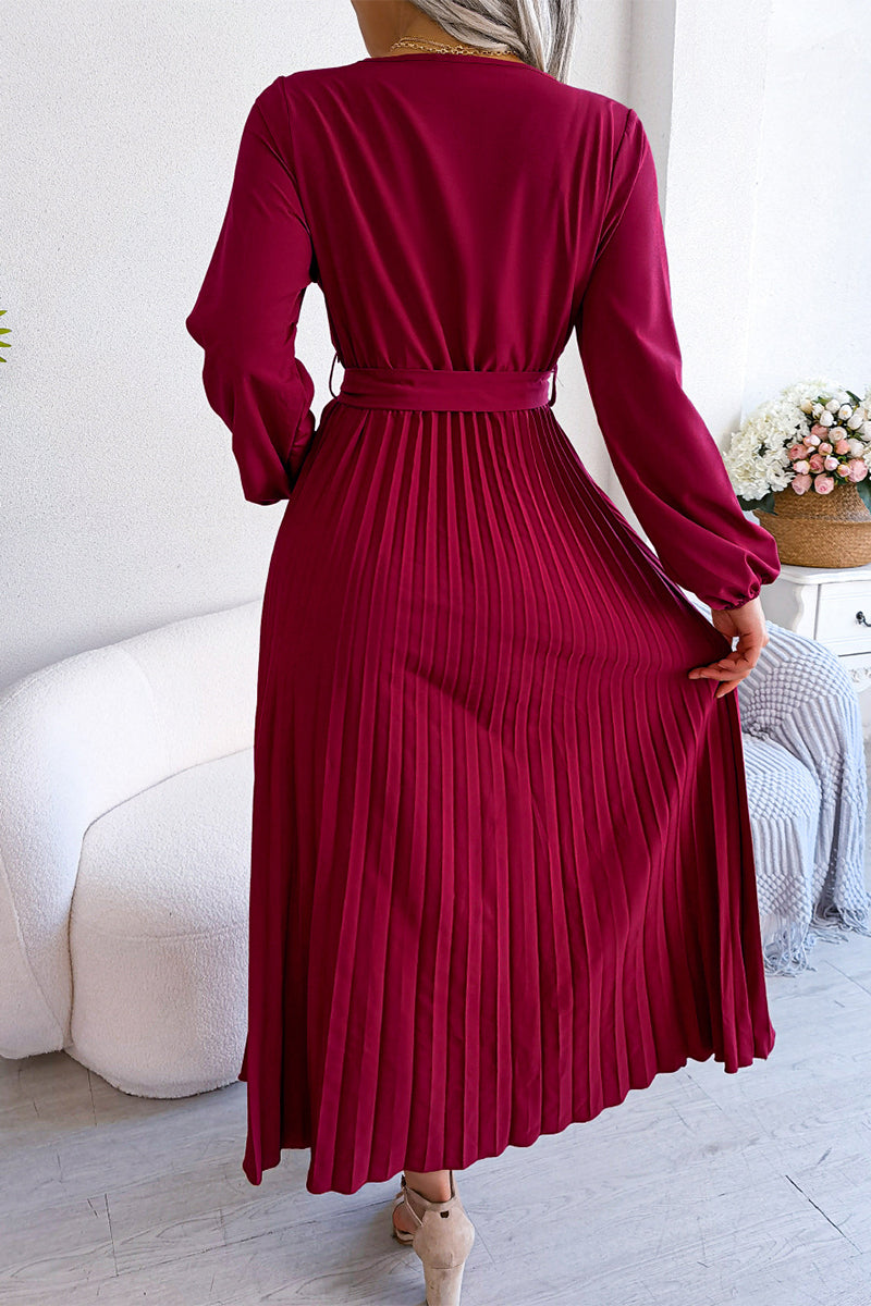 Kaynafashions - Elegant Solid Frenulum Fold V Neck Pleated Dresses(5 Colors)