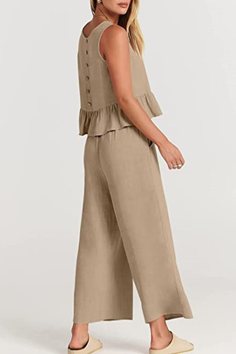 Kaynafashions - Casual Simplicity Solid Pocket Buttons O Neck Sleeveless Two Pieces