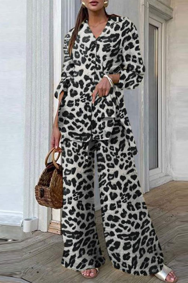 Kaynafashions - Casual Leopard Patchwork Turndown Collar Long Sleeve Two Pieces