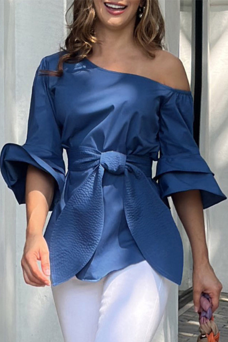 Kaynafashions - Casual Street Solid Bandage Oblique Collar Blouses(4 Colors)