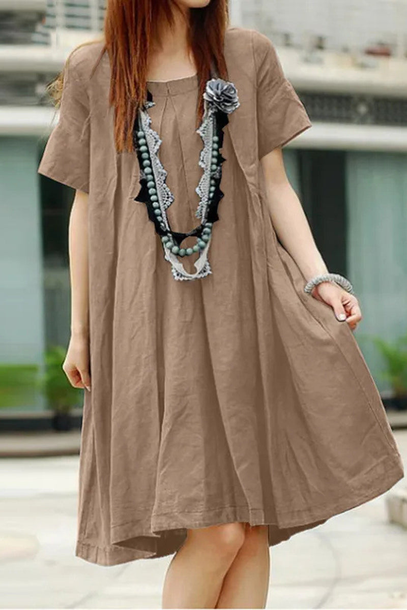 Kaynafashions - Casual Solid Fold O Neck A Line Short Sleeve Dress