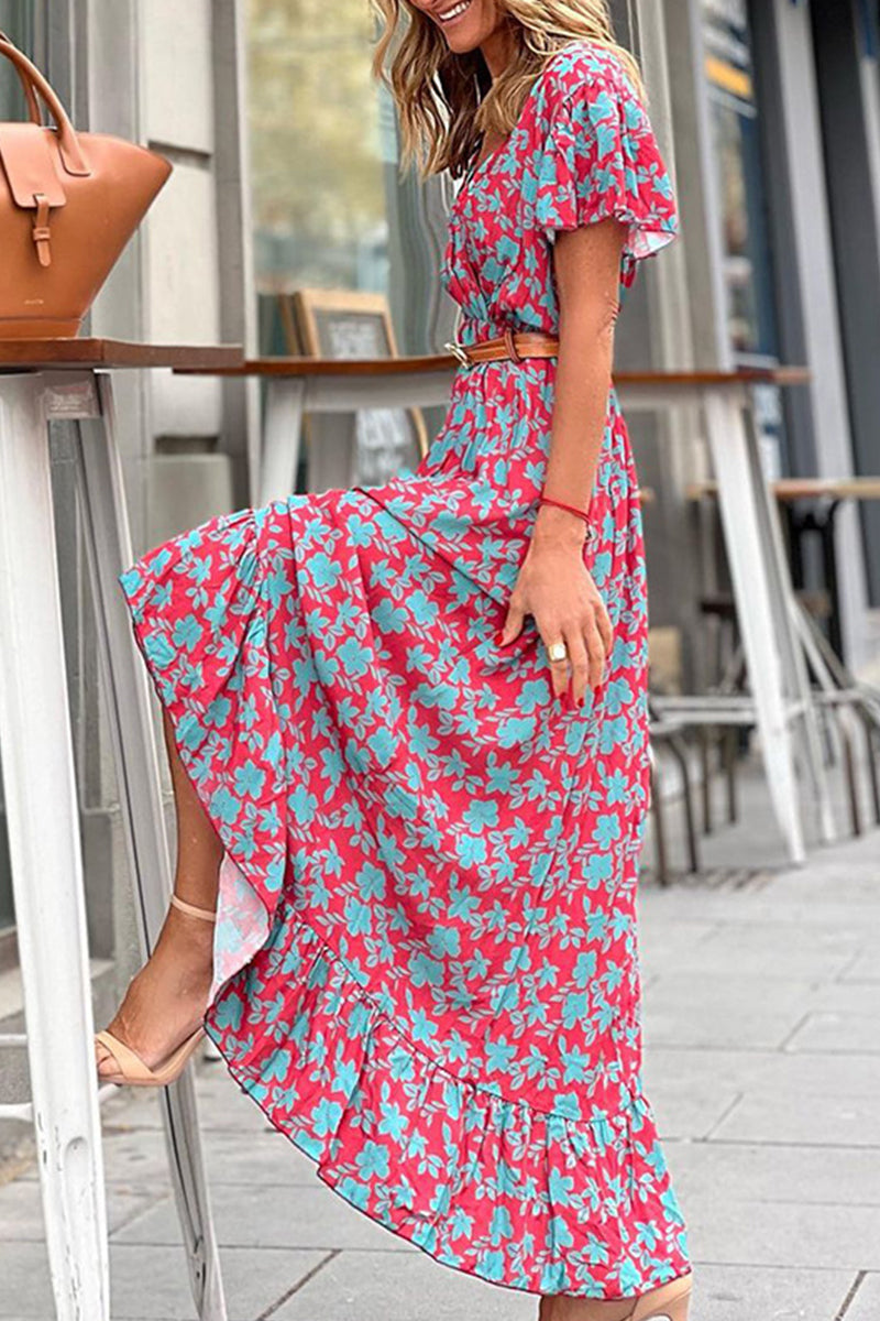 Kaynafashions - Elegant Floral With Belt V Neck A Line Dresses