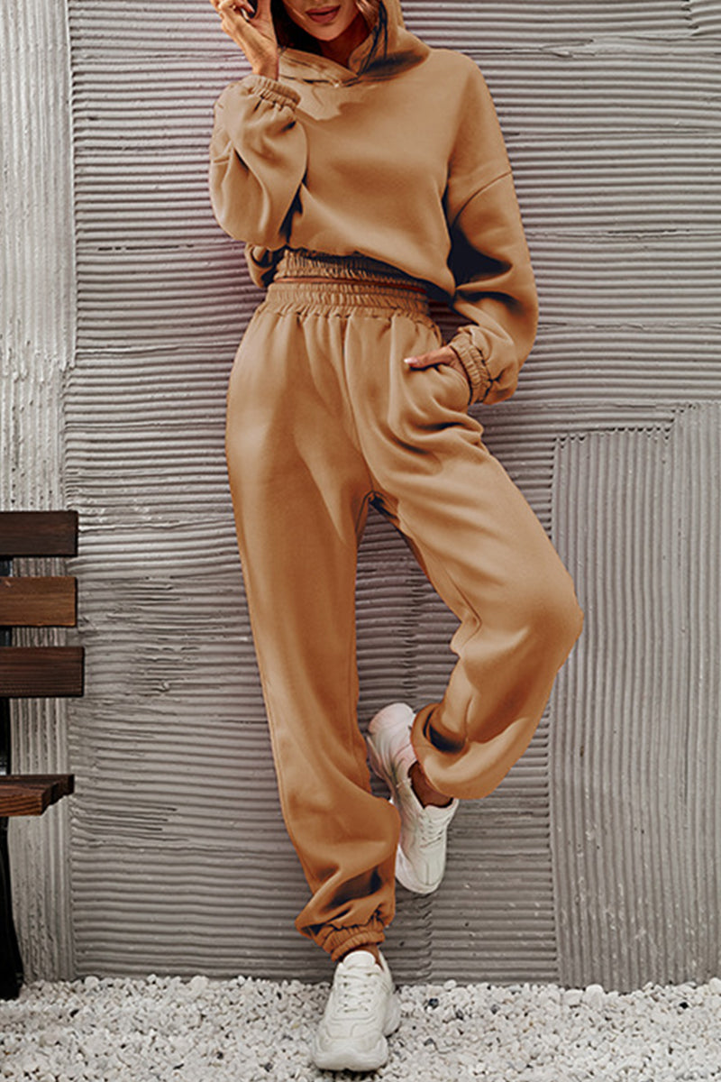 Kaynafashions - Casual Sportswear Solid Fold Hooded Collar Long Sleeve Two Pieces