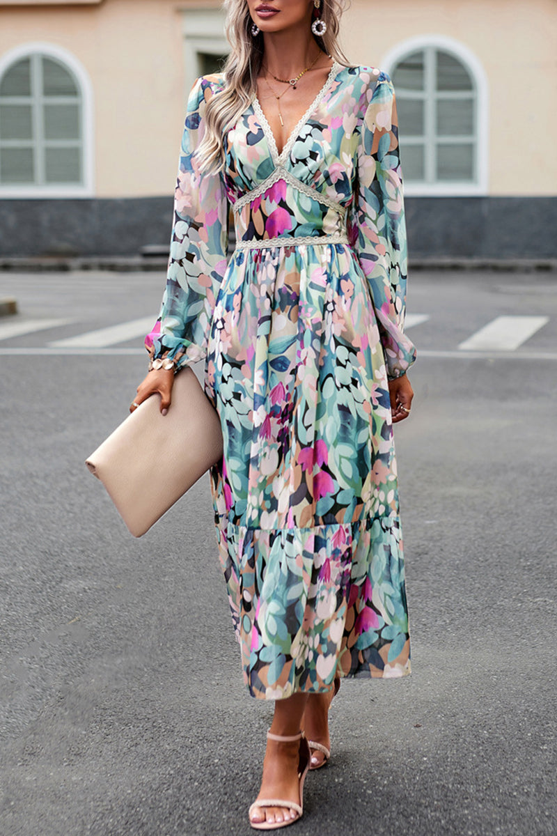 Kaynafashions - Elegant Geometric Printing V Neck A Line Dresses