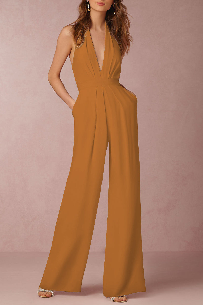 Kaynafashions - Sexy Elegant Solid Backless Fold V Neck Regular Jumpsuits(12 Colors)