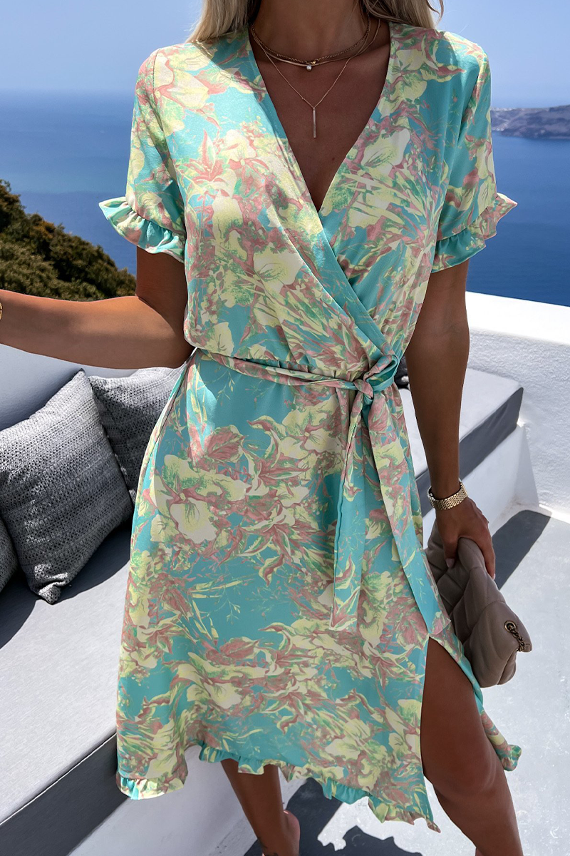 Kaynafashions - Casual Print Patchwork V Neck Waist Skirt Dresses(3 colors)