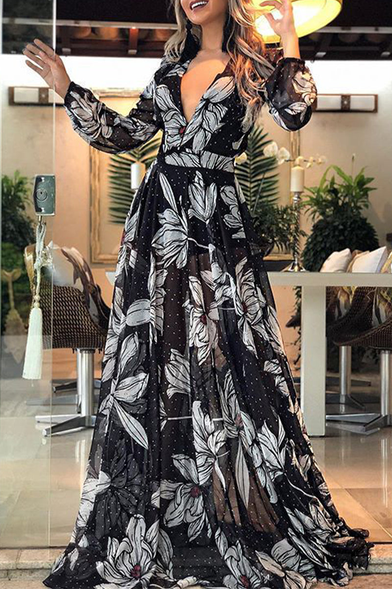 Kaynafashions - Elegant Floral Patchwork V Neck Printed Dress Dresses