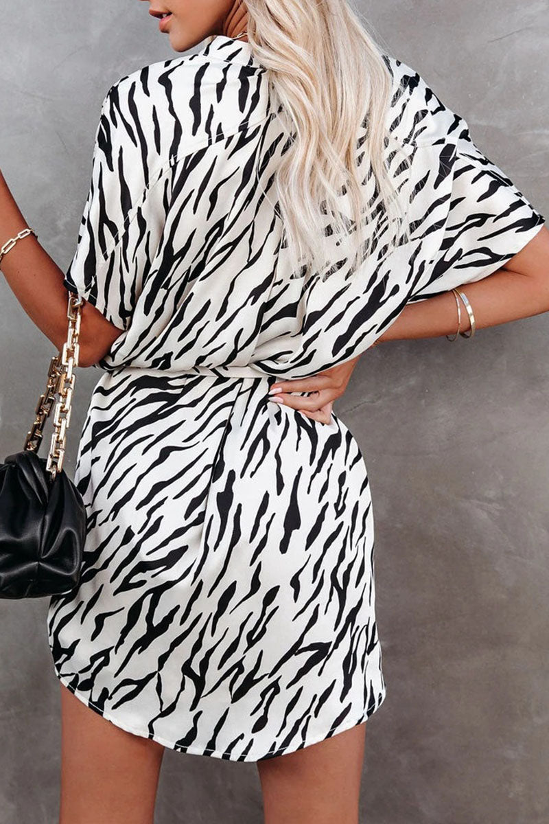 Kaynafashions - Sexy Print Bandage Patchwork Turndown Collar Asymmetrical Short Sleeve Dress