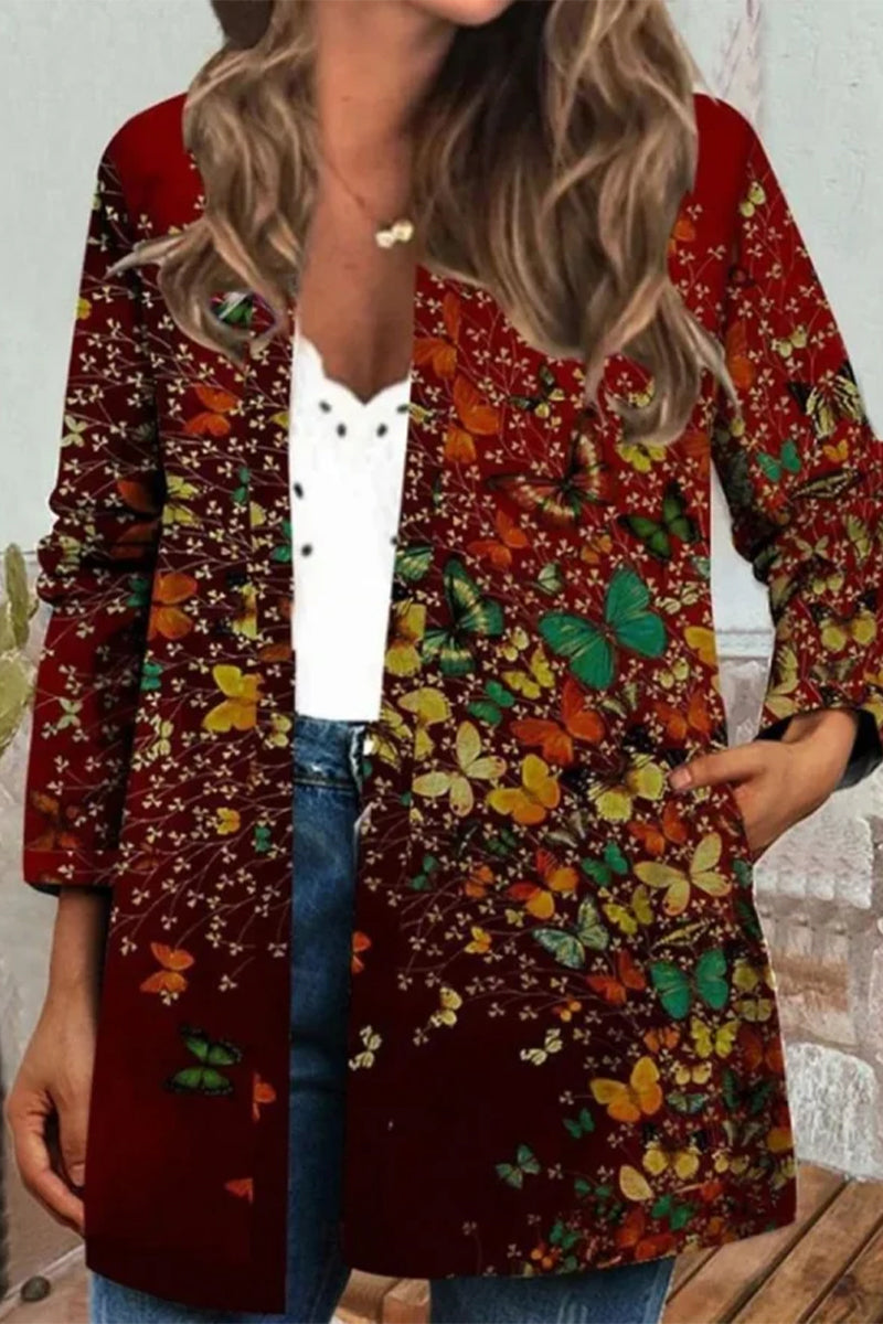 Kaynafashions - Casual Print Pocket O Neck Outerwear