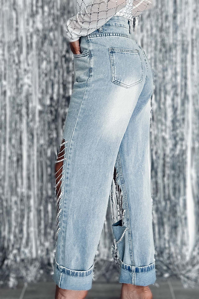 Kaynafashions - Street Solid Ripped Chains Loose Denim Jeans