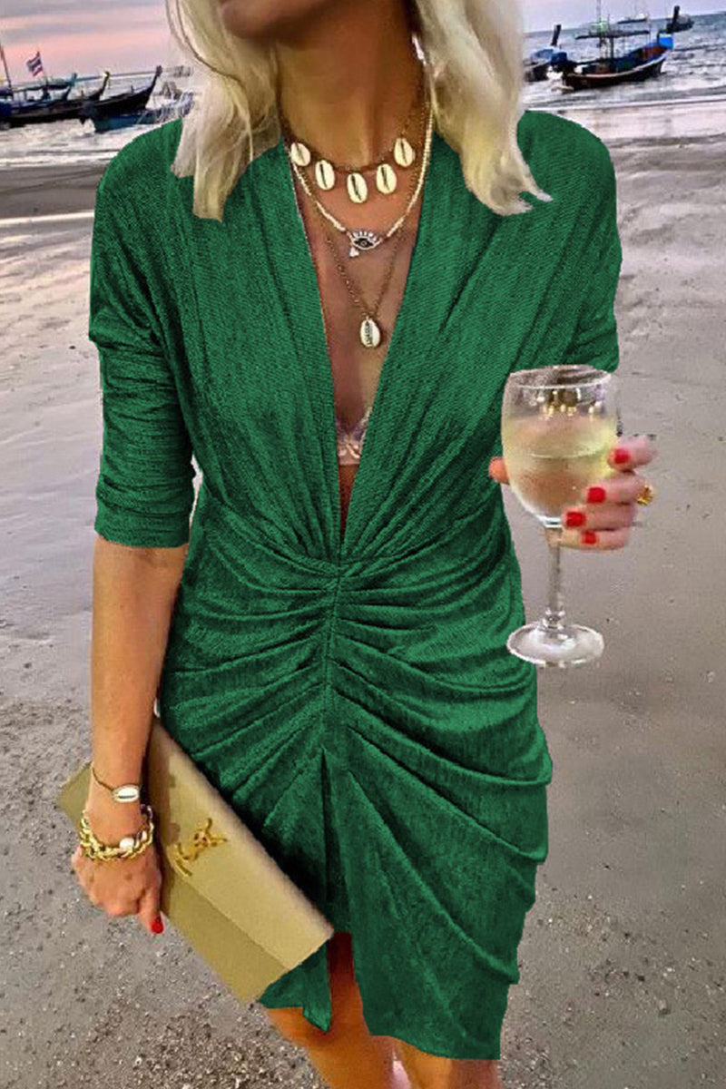 Kaynafashions - Celebrities Elegant Solid Fold V Neck A Line Dresses(4 Colors)