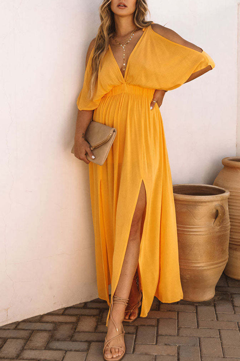 Kaynafashions - Sexy Vacation Solid Slit V Neck Beach Dress Dresses
