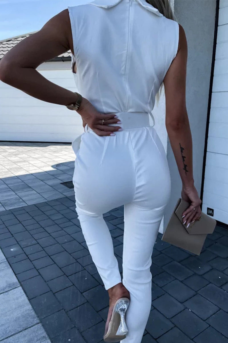 Kaynafashions - Work Street Solid Patchwork Turndown Collar Regular Jumpsuits