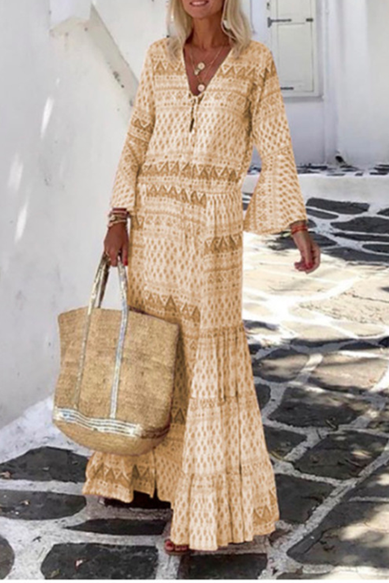 Kaynafashions - Casual Print Patchwork V Neck Cake Skirt Dresses(5 Colors)