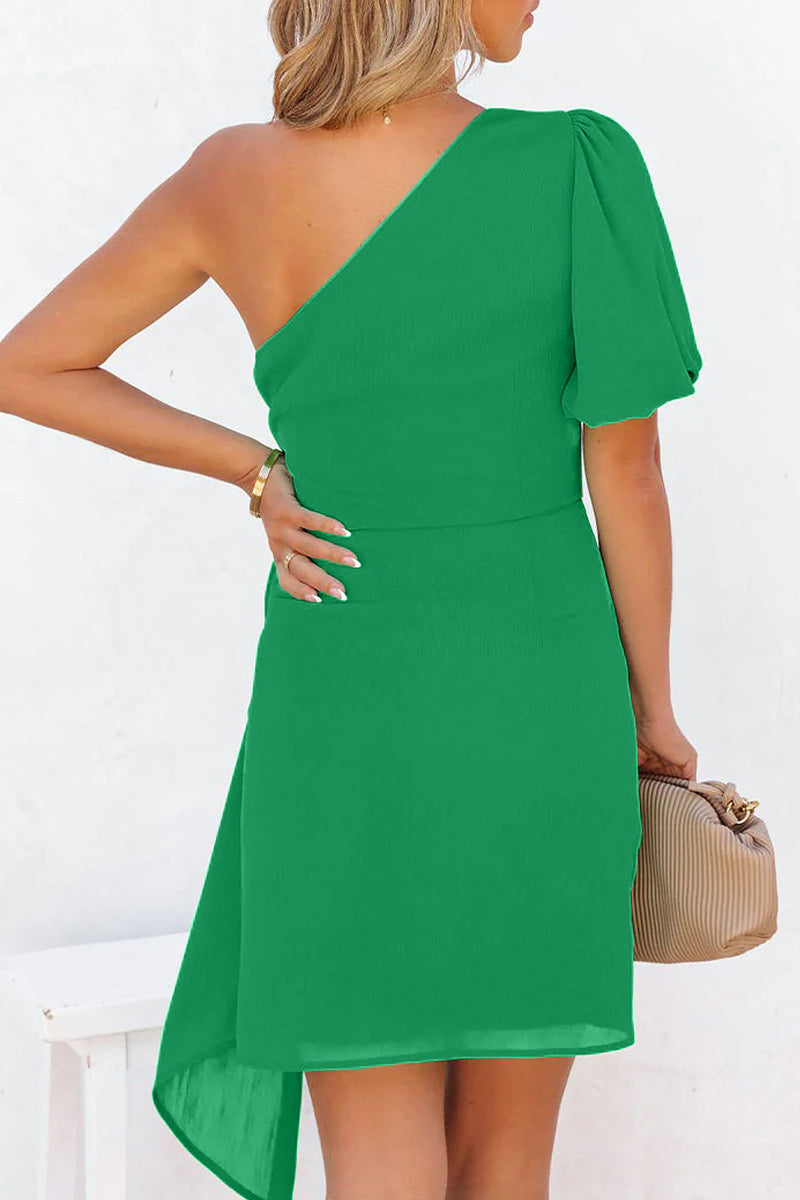 Kaynafashions - Elegant Solid Bandage Asymmetrical Oblique Collar Irregular Dress Dresses(3 Colors)