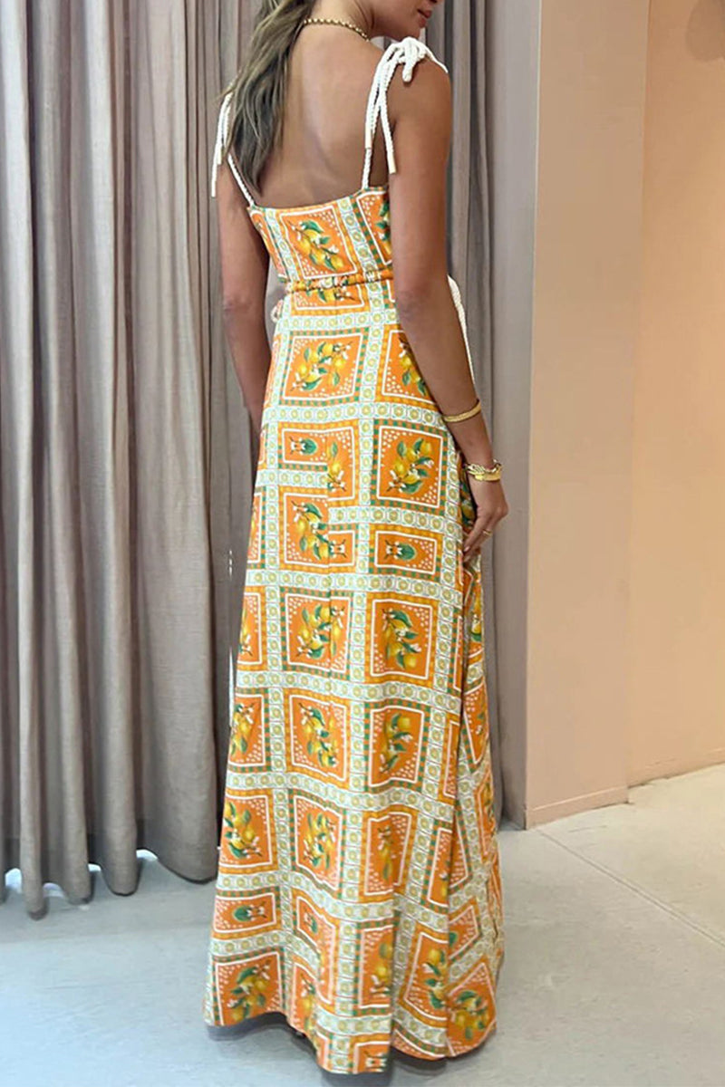 Kaynafashions - Sweet Vacation Geometric Print Draw String Frenulum Sling Dress Dresses