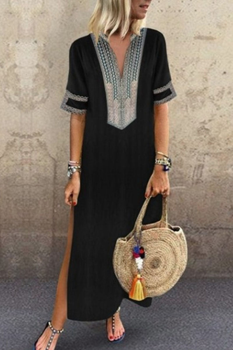 Kaynafashions - Fashion Celebrities Print Patchwork V Neck Printed Dress Dresses(6 Colors)