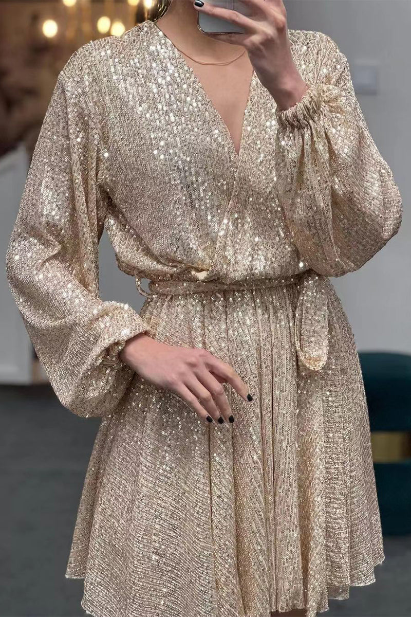 Kaynafashions - Celebrities Elegant Solid Sequins V Neck A Line Dresses
