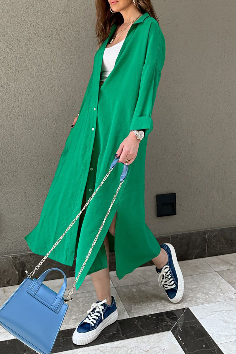 Kaynafashions - Casual Solid Buckle POLO collar Shirt Dress Dresses