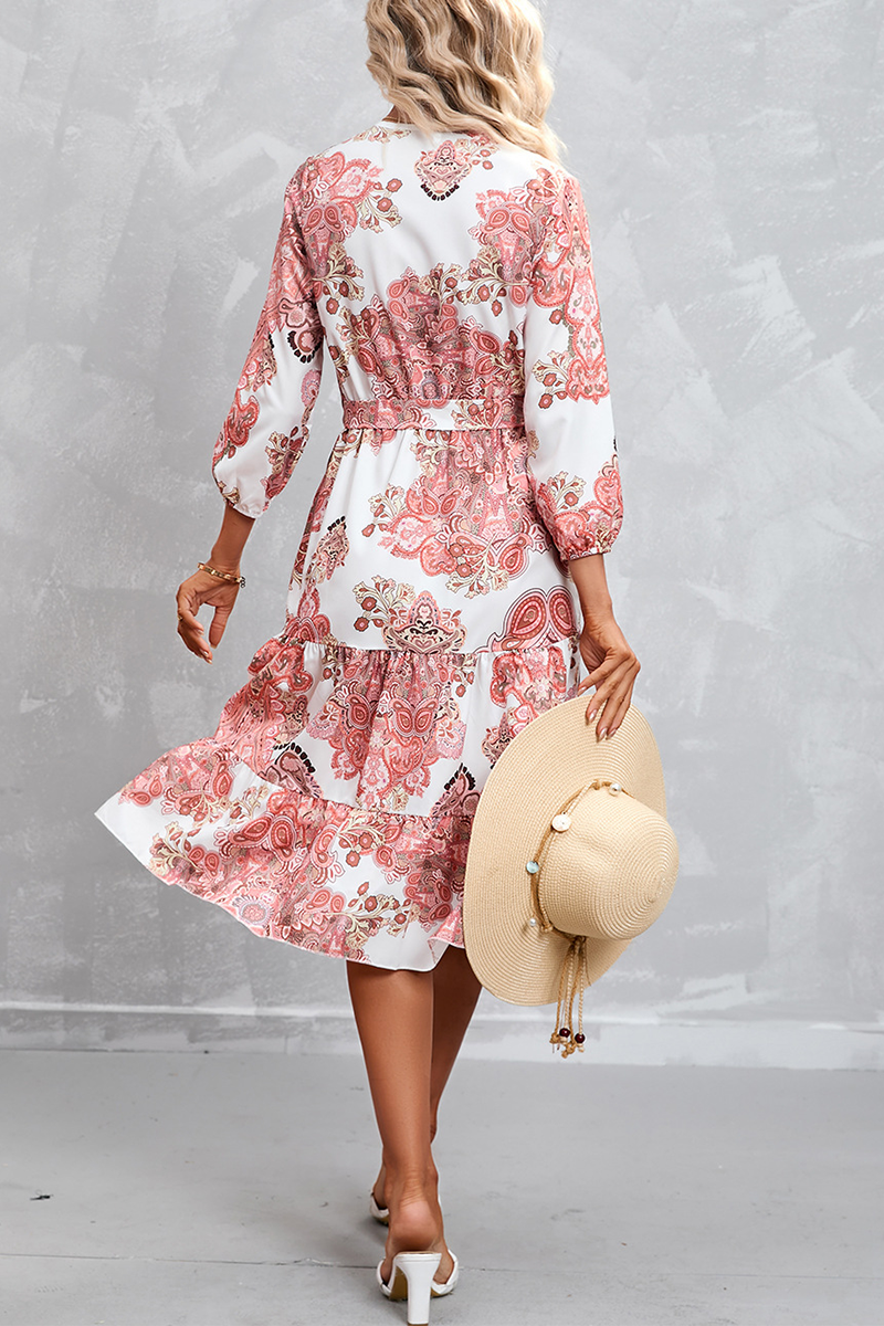 Kaynafashions - Fashion Print Patchwork V Neck Waist Skirt Dresses