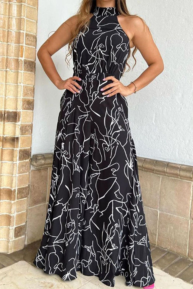 Kaynafashions - Casual Simplicity Print Patchwork Frenulum Halter Loose Jumpsuits(9 Colors)