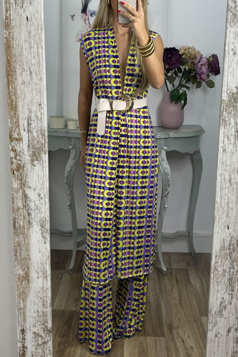 Kaynafashions - Casual Geometric With Belt Printing V Neck Sleeveless Two Pieces