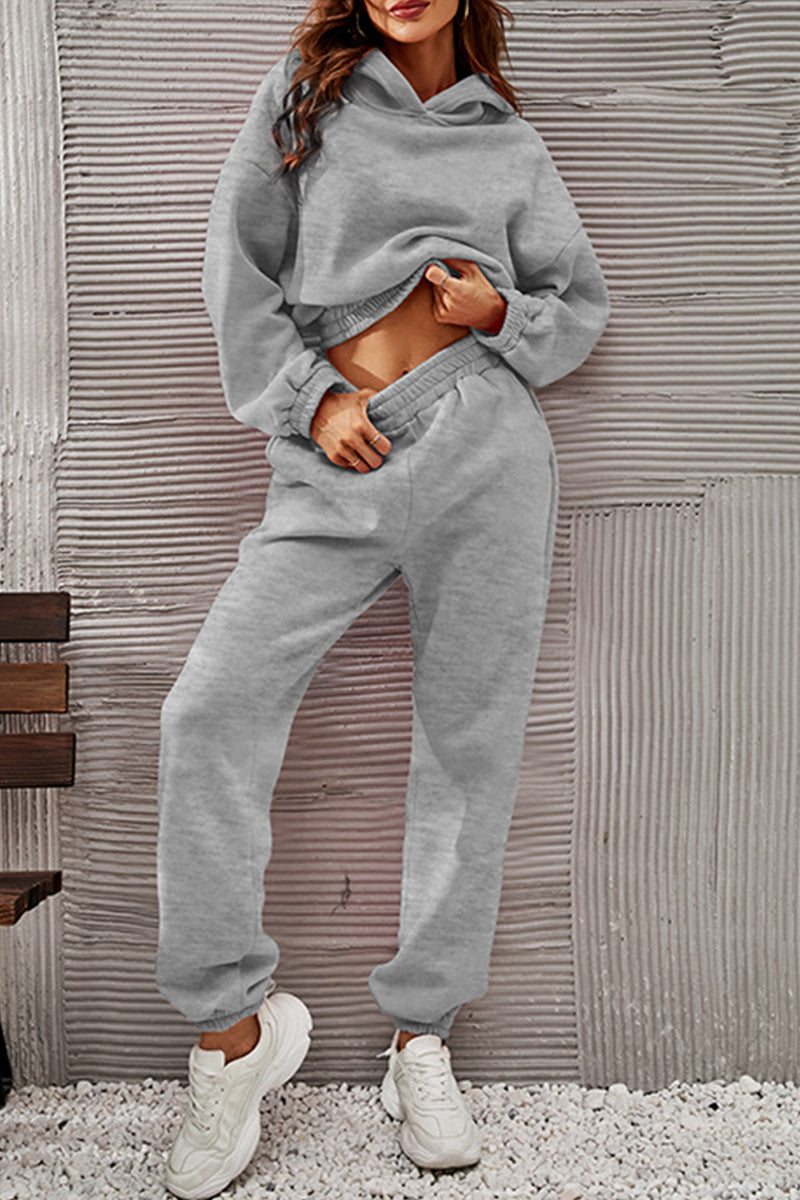 Kaynafashions - Casual Sportswear Solid Fold Hooded Collar Long Sleeve Two Pieces