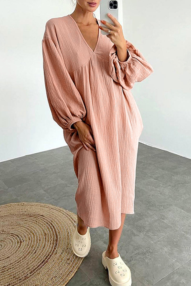 Kaynafashions - Casual Living Solid Pocket V Neck Long Sleeve Dresses