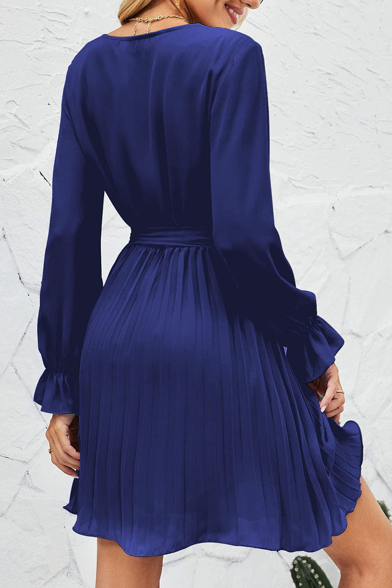 Kaynafashions - Sweet Patchwork Frenulum Fold V Neck Pleated Dresses(5 Colors)