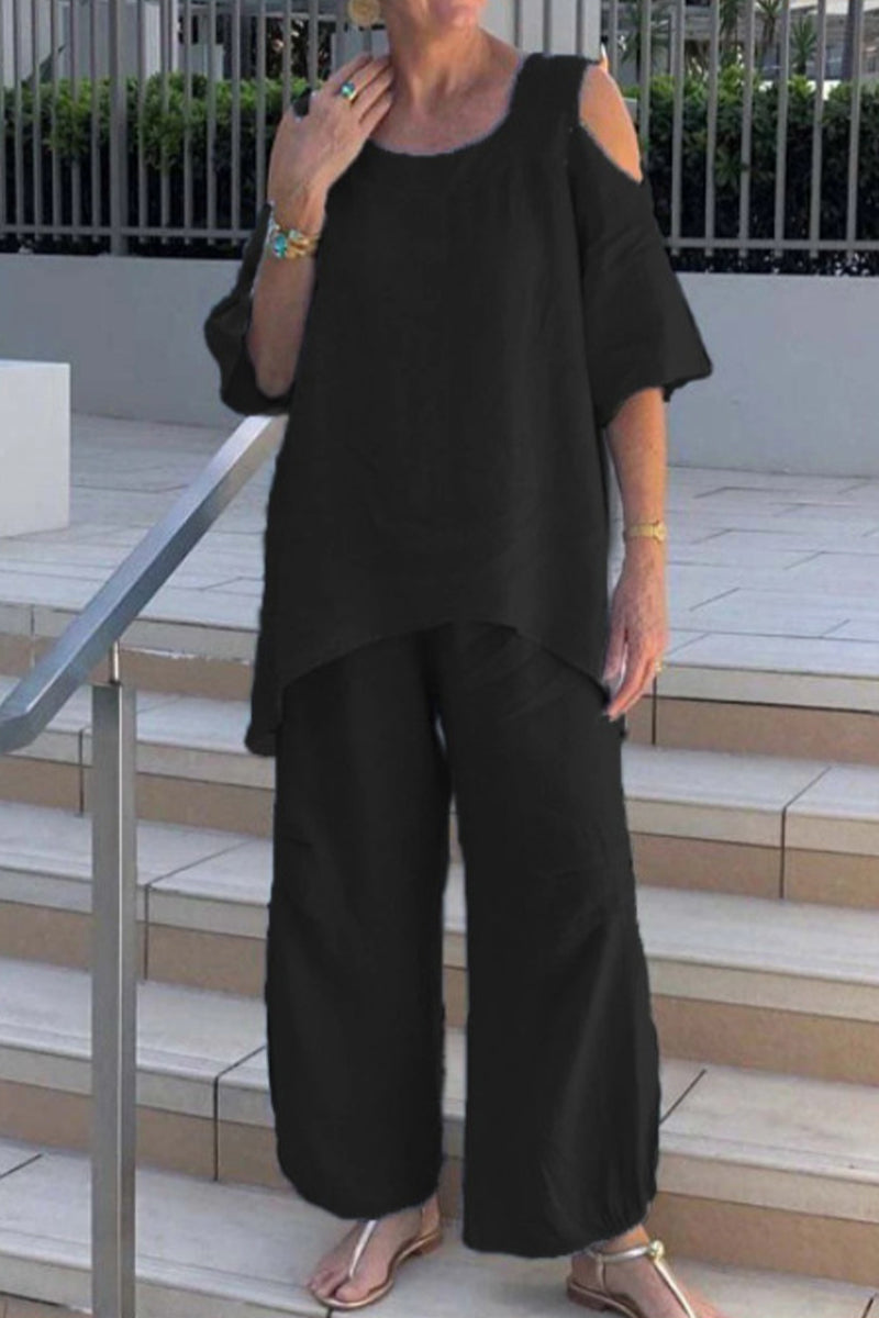 Kaynafashions - Casual Solid Asymmetrical O Neck Half Sleeve Two Pieces