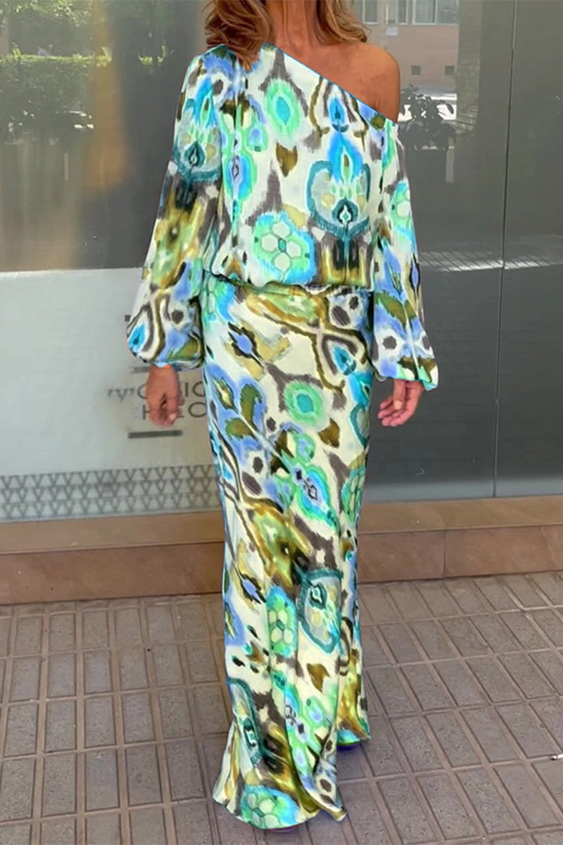 Kaynafashions - Sexy Floral Asymmetrical Oblique Collar Long Sleeve Two Pieces(7 Colors)