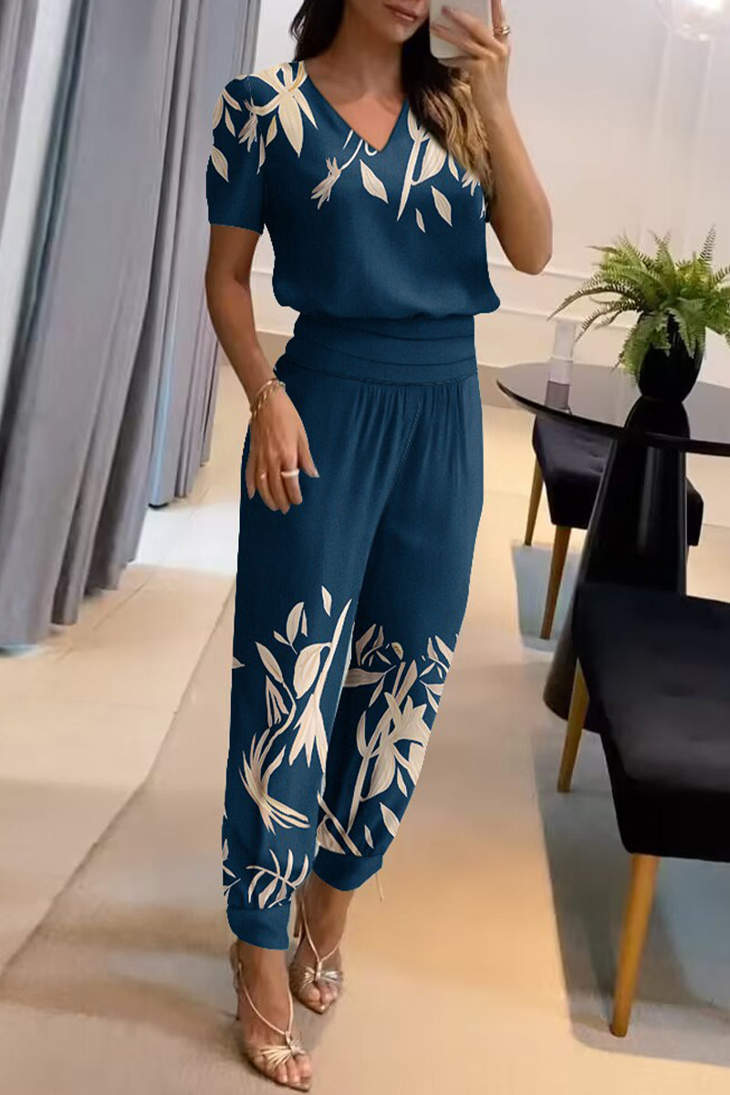 Kaynafashions - Casual Geometric Patchwork V Neck Short Sleeve Two Pieces(4 Colors)