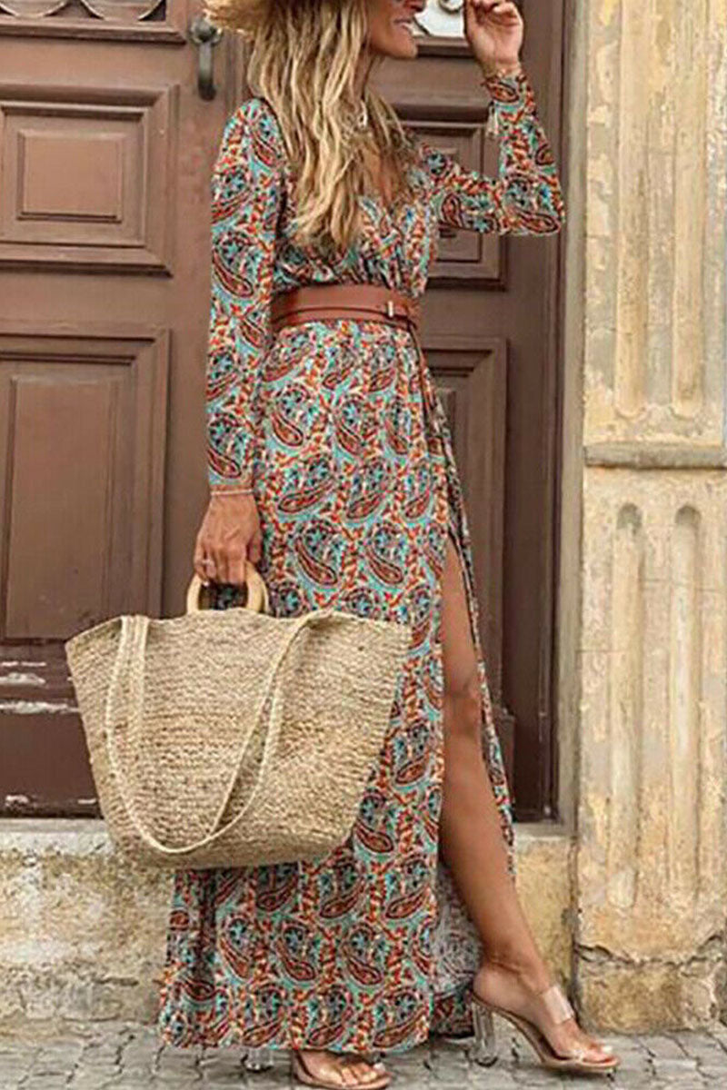 Kaynafashions - Fashion Bohemian Print With Belt V Neck Cake Skirt Dresses(3 Colors)