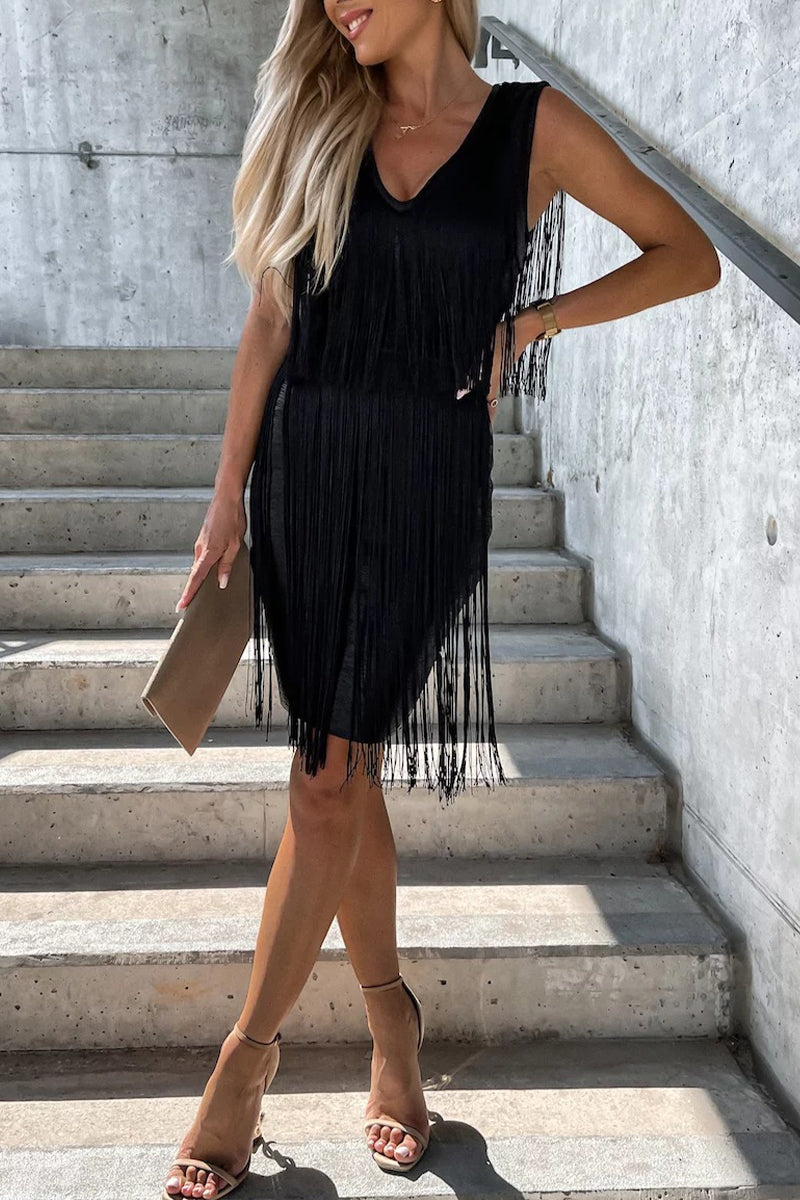 Kaynafashions - Sexy Party Solid Tassel V Neck Wrapped Skirt Dresses(3 Colors)