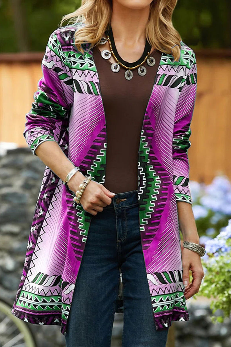 Kaynafashions - Casual College Geometric Printing Cardigan Collar Outerwear