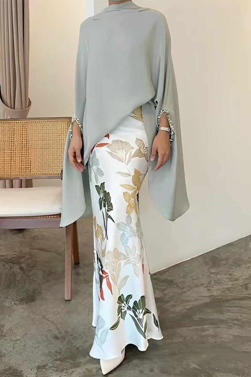 Kaynafashions - Elegant Floral Patchwork Half A Turtleneck Long Sleeve Two Pieces