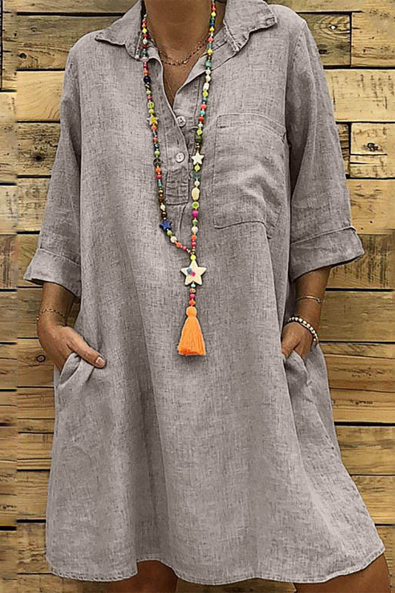 Kaynafashions - Casual Solid Buckle Turndown Collar One Step Skirt Dresses(5 Colors)