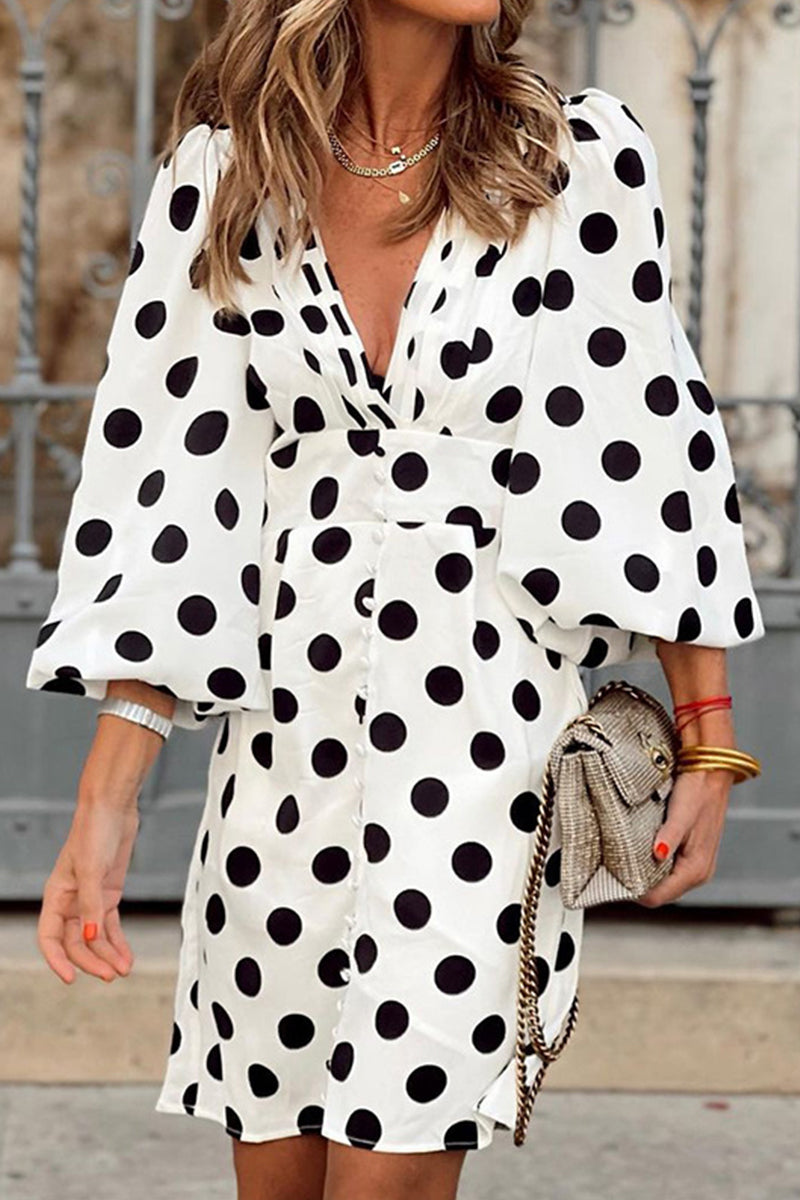 Kaynafashions - Elegant Polka Dot Patchwork V Neck A Line Dresses